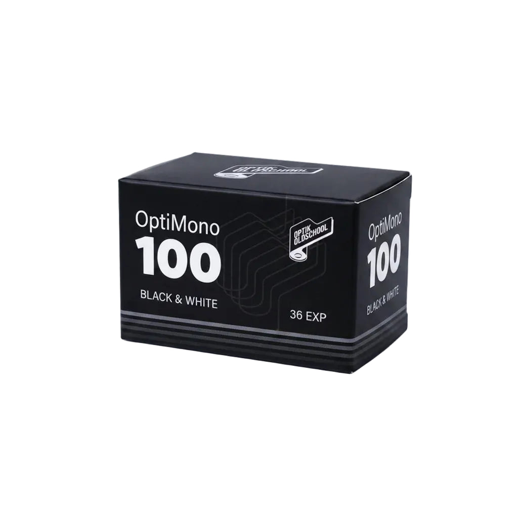 A black box of OptiMono 100 Black & White film, showing 36 EXP, photographed on a clean white studio background.