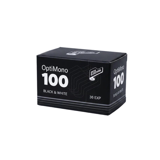 A black box of OptiMono 100 Black & White film, showing 36 EXP, photographed on a clean white studio background.